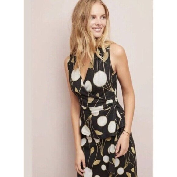 Anthropologie Maeve Craspedia Two Piece Skirt Peplum Wrap Top Blouse Size Medium - Picture 2 of 16